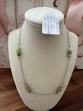 Handmade Natural Jade and Pink Bead Silver Chain Necklace